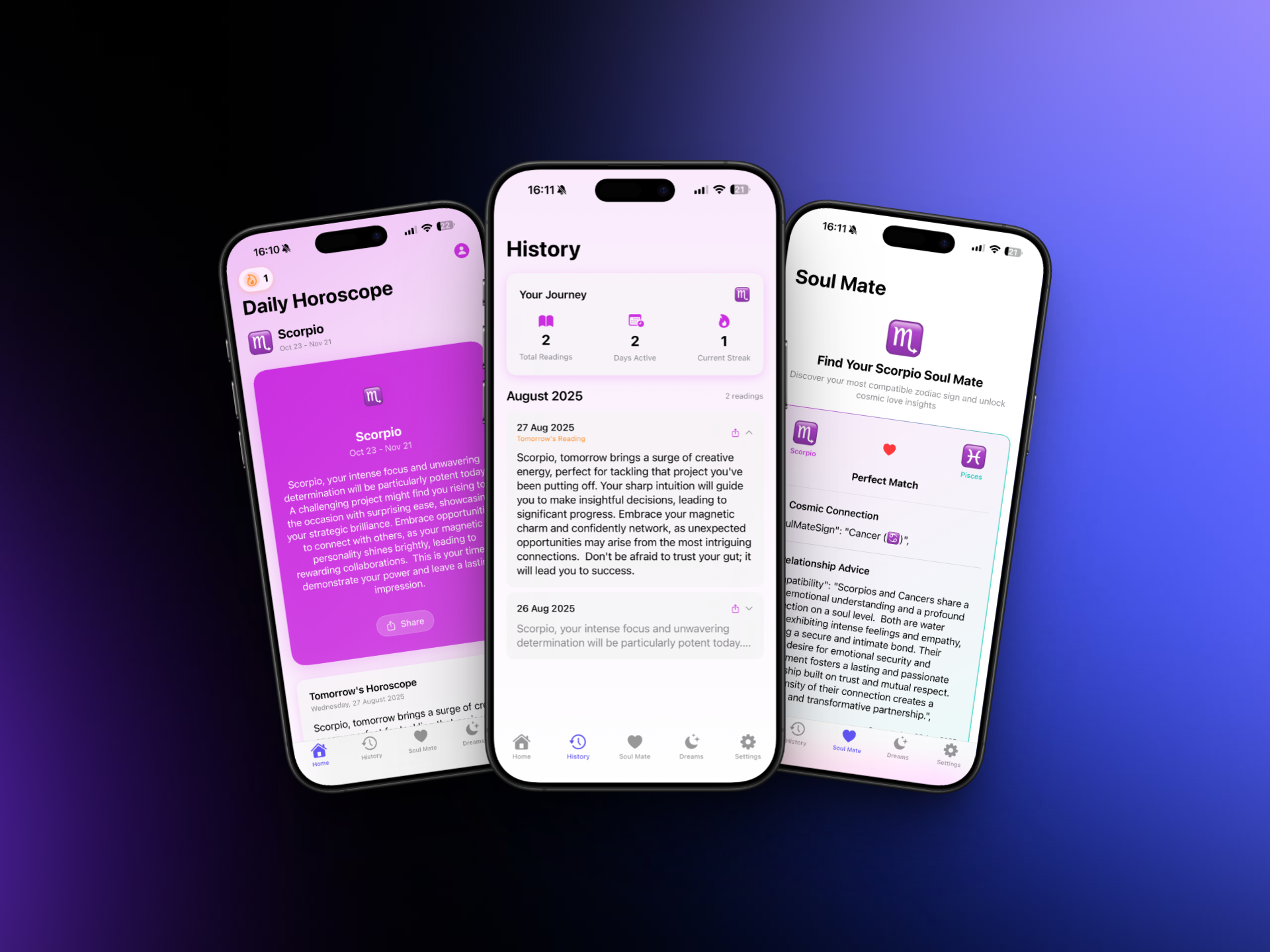 Zodiac Daily Horoscope app interface showing personalized horoscope readings